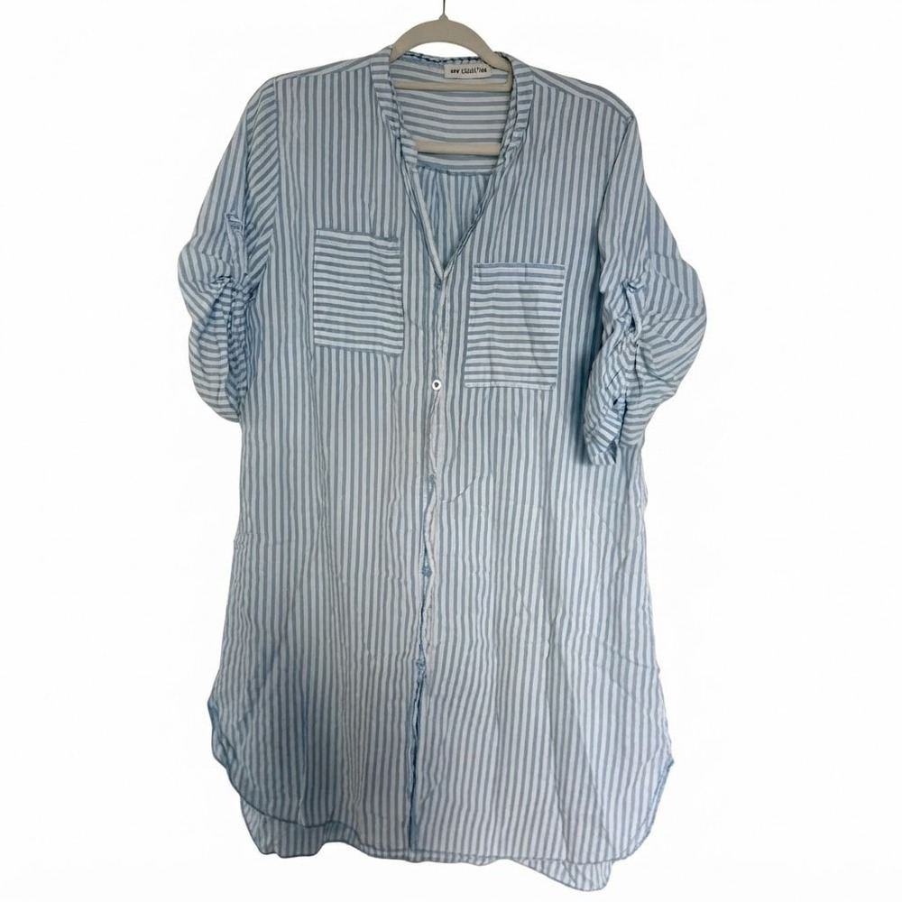 New Collection Shirt Women L Blue White Striped Tunic Button Down